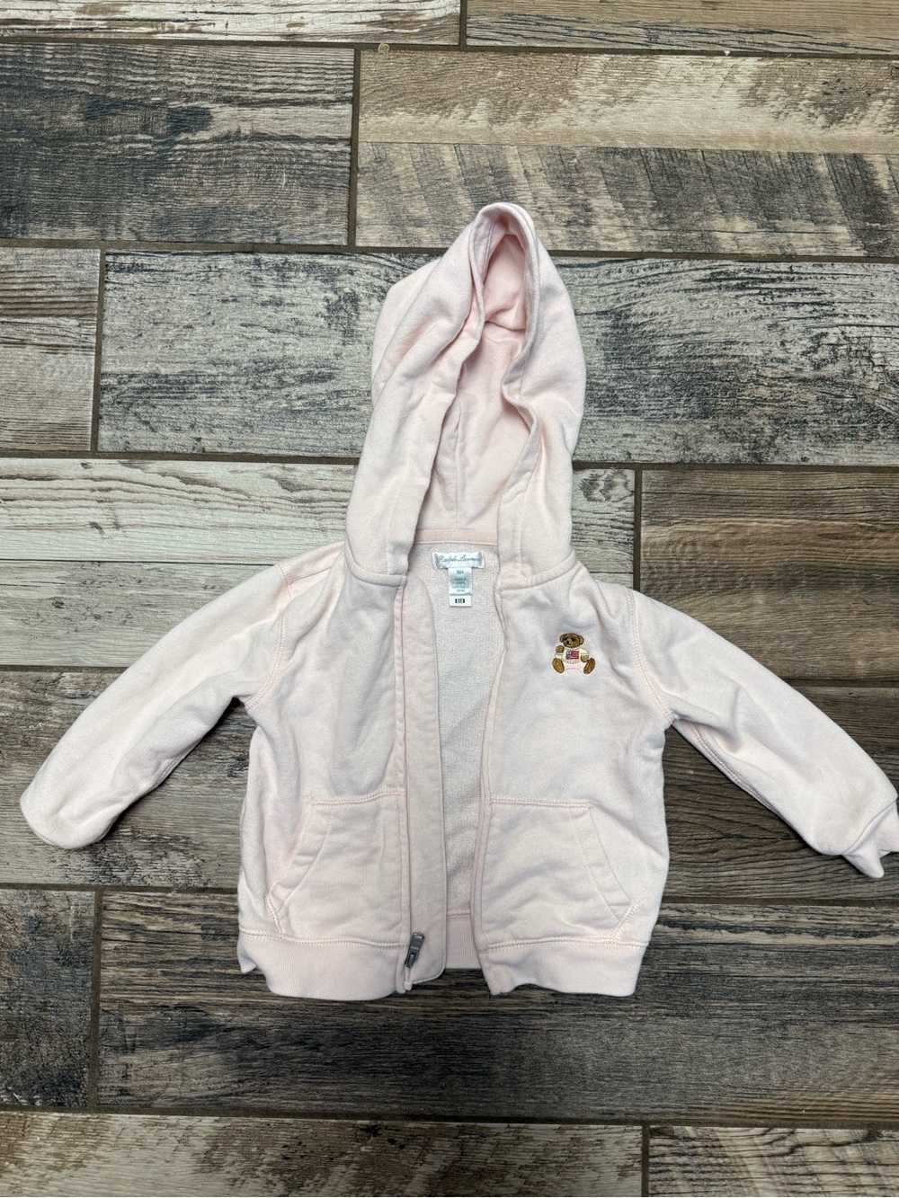 Ralph Lauren Light Pink Hooded Zip-Up Sweatshirt with Teddy Embroidery